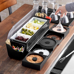 cond 1784655671 4-Compartment Black Plastic Condiment Station with 5 Rimming Trays